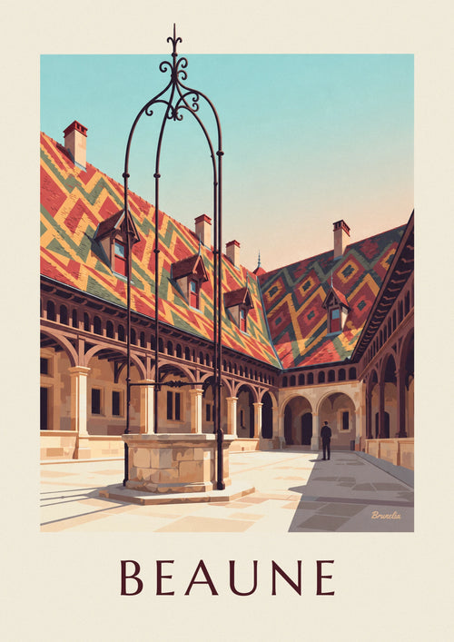 Poster of the glazed tile roofs and well of the Hospices de Beaune: the full poster