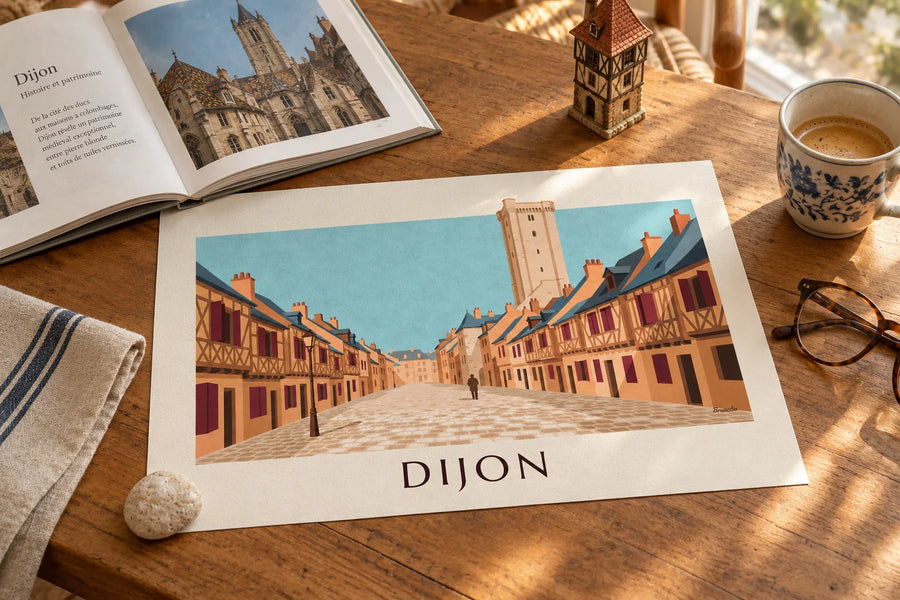 Affiche maisons à colombages médiévales de Dijon : posée sur une table