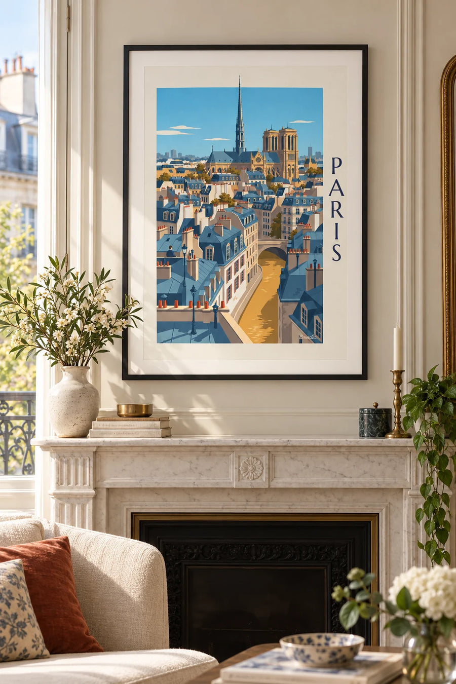 Affiche toits haussmanniens de Paris et cathédrale Notre-Dame : encadrée au mur