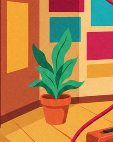 The green-leaved plant in its orange pot in front of the colourful rectangles on the wall