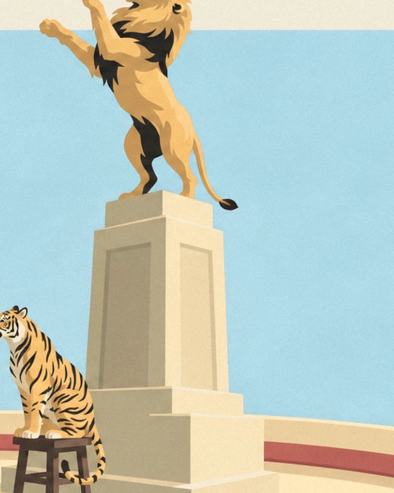 Affiche dompteur de fauves, lion et tigre sur la piste du cirque : détail en gros plan