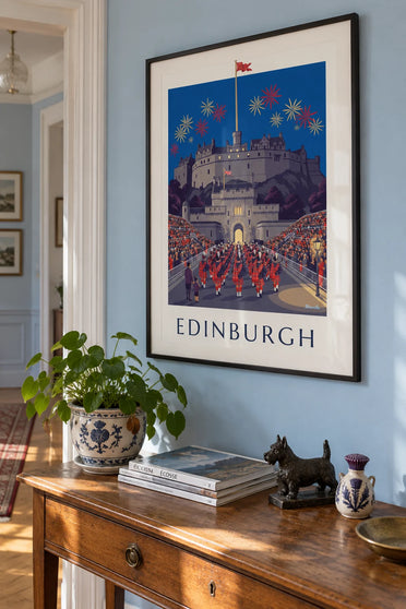 Poster Edinburgh Castle und Military Tattoo bei Nacht: gerahmt an der Wand