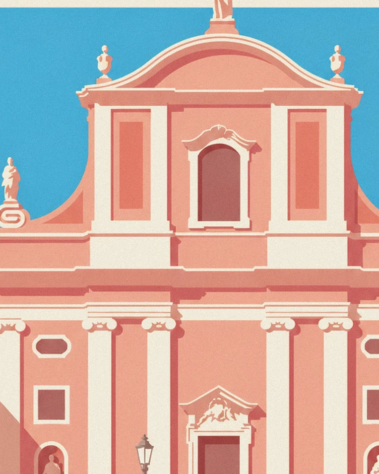 Affiche église franciscaine rose de Ljubljana : détail en gros plan