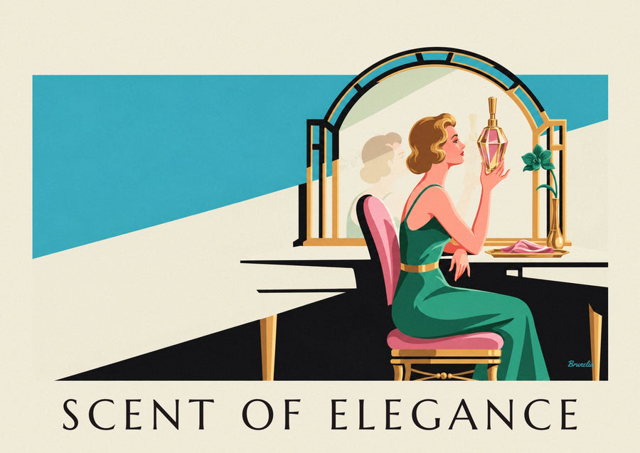 Poster elegante vrouw met parfumflacon aan haar kaptafel