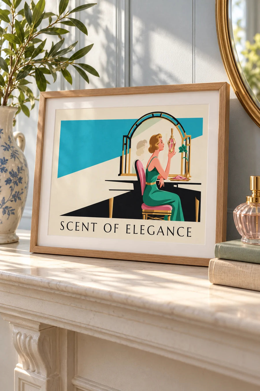 Poster met elegante vrouw en parfumflesje aan haar kaptafel: klein formaat A4 ingelijst