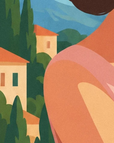 Une épaule dénudée bordée de rose devant des maisons aux toits orangés et des cyprès
