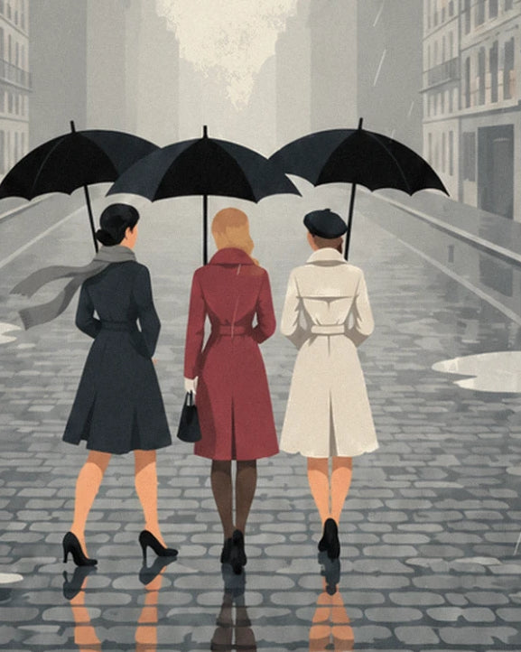 Les 3 femmes de dos sous leurs parapluies noirs, manteaux gris, rouge et blanc, sur les pavés