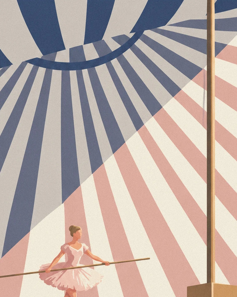 Poster Seiltänzer Akrobat auf gespanntem Seil unter dem Zirkuszelt: Detail in Nahaufnahme