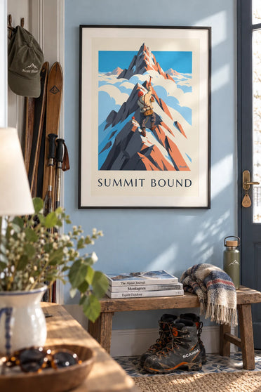 Poster of a mountaineer on a rocky ridge heading to the summit: framed on a wall