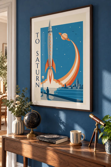 Poster zilverkleurige raket die vanaf de kust opstijgt richting Saturnus: ingelijst aan de muur