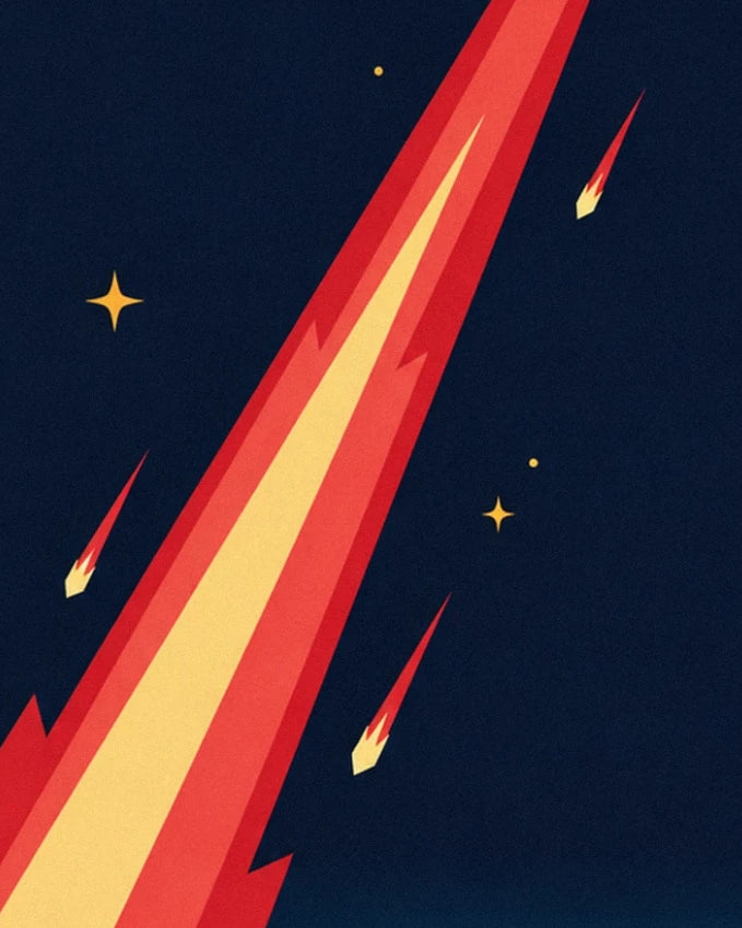 Une traînée rouge et jaune parmi les météorites et les étoiles du ciel bleu nuit