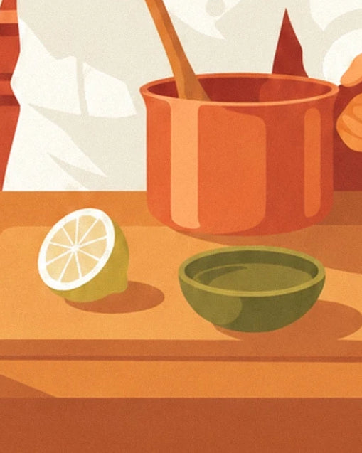 La casserole cuivrée et sa cuillère en bois, près du citron coupé et du bol vert