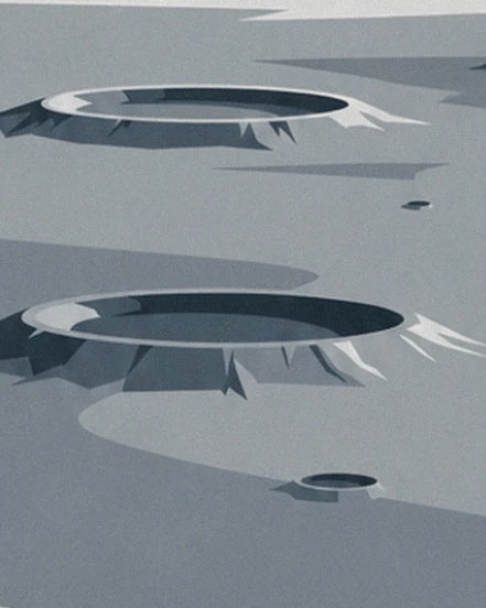 Oval craters on the grey lunar surface and their long, angular shadows