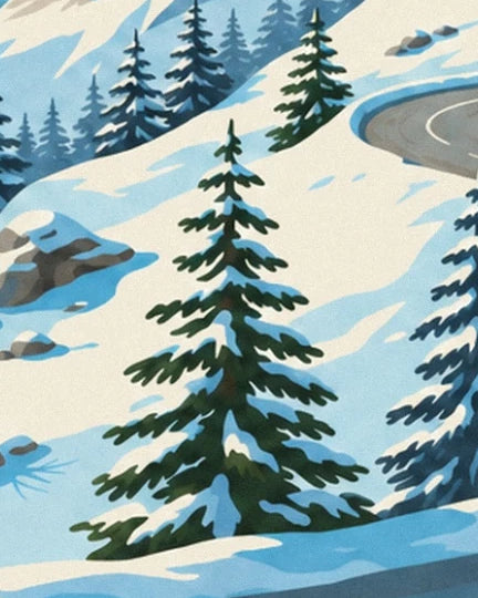 The large snow-laden fir tree beside the rocks and the bend