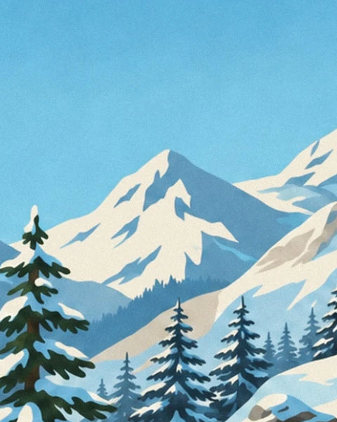 Snow-covered peaks beneath the blue sky, above the fir trees