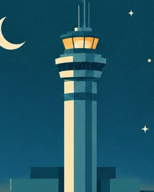 The control tower with golden windows beneath a crescent moon and stars