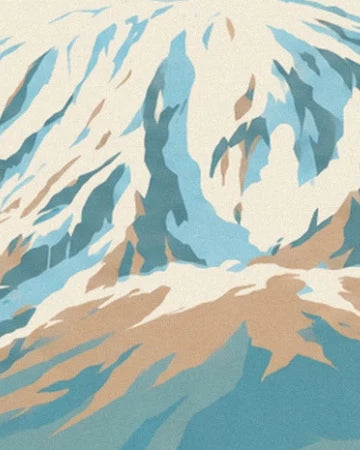 Les pentes enneigées du Kilimandjaro, entre ombres bleues et roches beiges