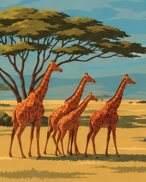 Les 4 girafes réunies sous les acacias dans la savane dorée