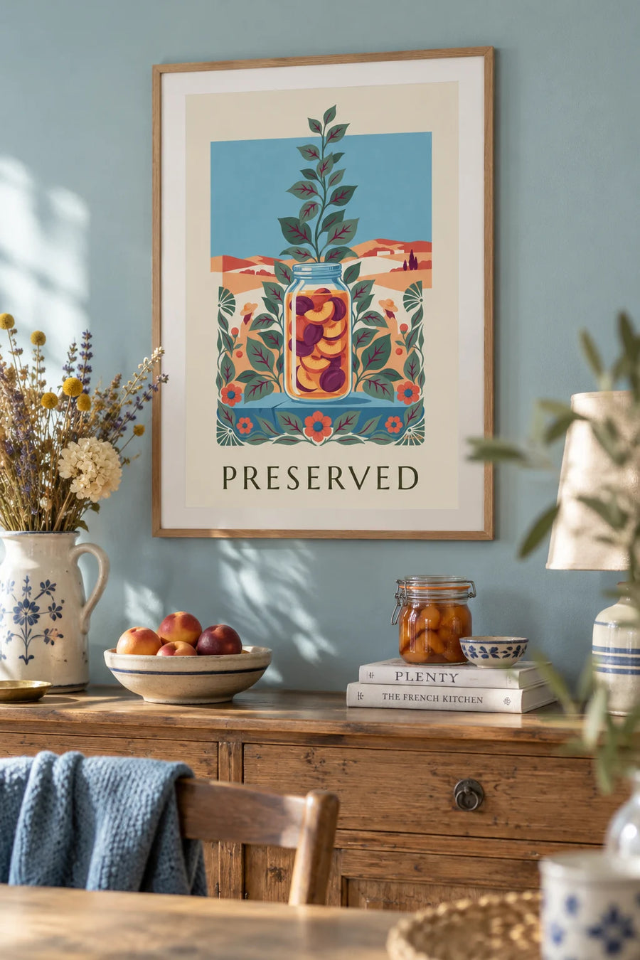Affiche bocal de conserve aux fruits et décor de feuillages : encadrée au mur