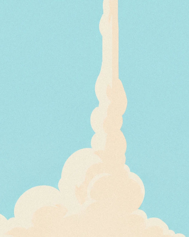 A plume of cream clouds rising into a pale blue sky