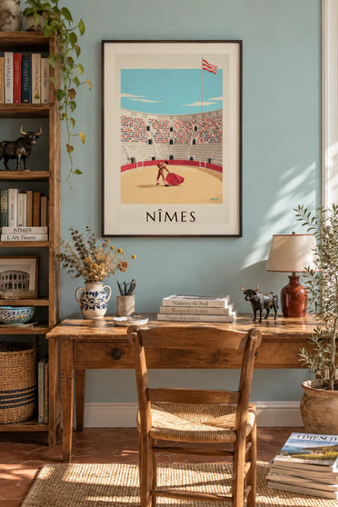 Poster feria van Nîmes, matador in de Romeinse arena: ingelijst aan de muur