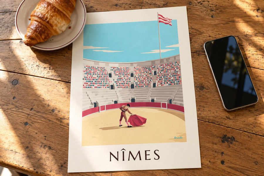 Affiche féria de Nîmes, matador dans les arènes romaines : posée sur une table