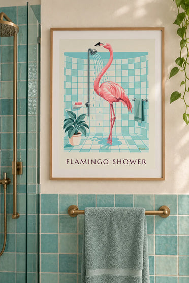 Poster roze flamingo onder de douche in een badkamer: ingelijst aan de muur