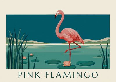 Poster Flamingo auf einem Bein zwischen Seerosen: das ganze Poster