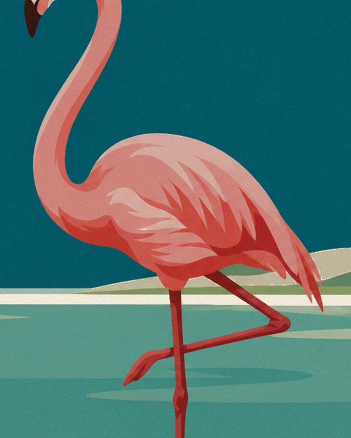 The pink flamingo standing on one leg, with coral plumage and a long curved neck, in turquoise water