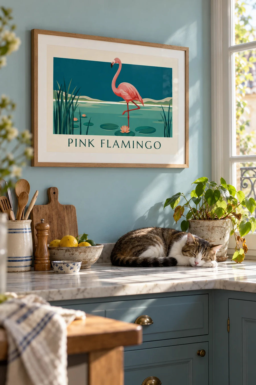 Pink flamingo standing on one leg among water lilies poster: framed on the wall