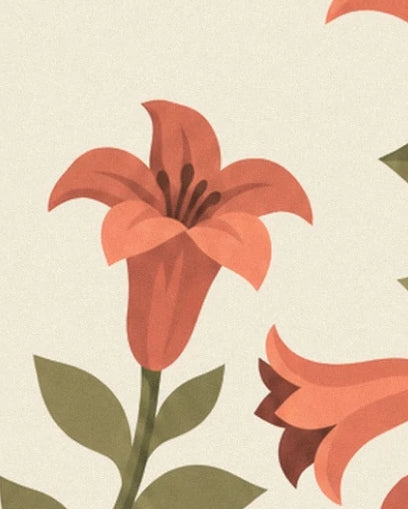A lily with open coral petals and brown stamens against a cream background
