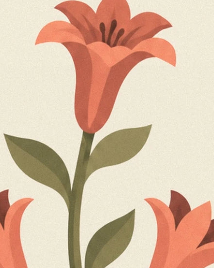 A coral lily standing tall on an olive-green stem with slender leaves