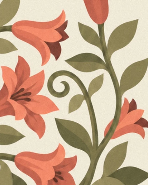 A spiralling stem among coral lilies and olive-green foliage