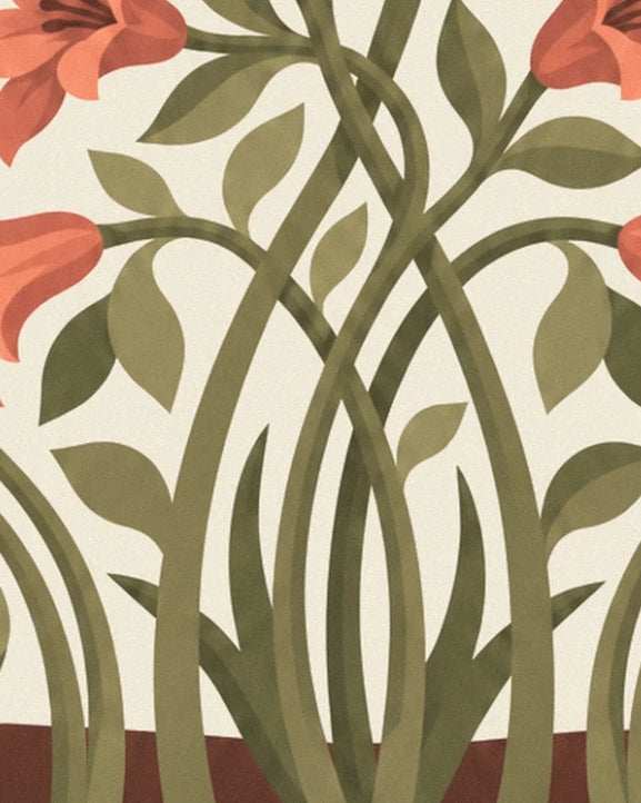 Intertwining curved stems and olive-green leaves edged with coral flowers