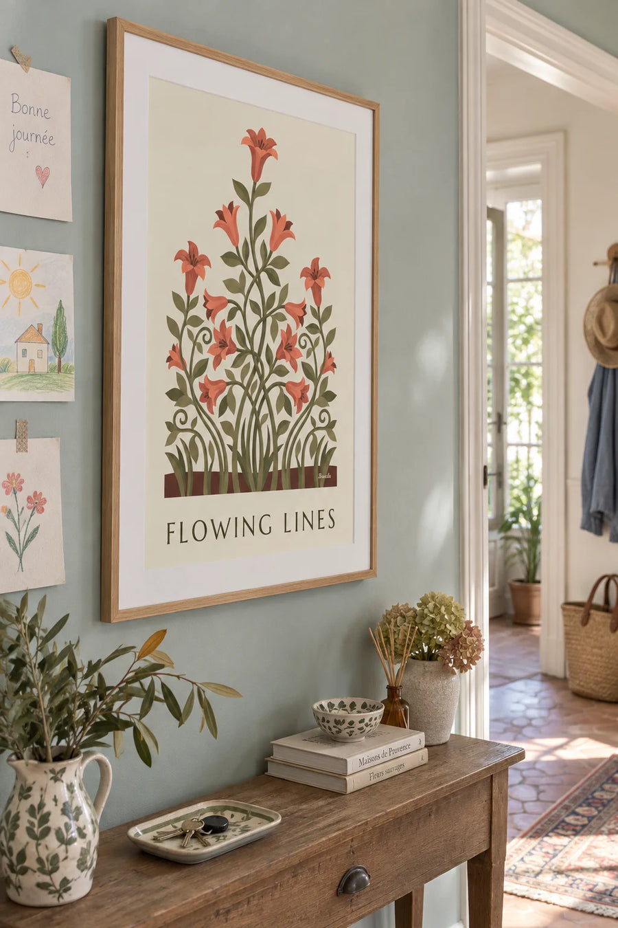 Poster of a floral pattern with curving lines and stylized lilies: framed on the wall