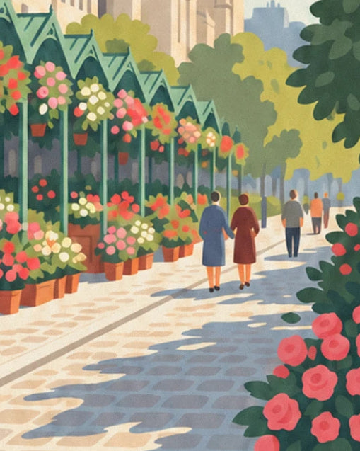 Les promeneurs sur le quai pavé, le long des étals de fleurs ensoleillés