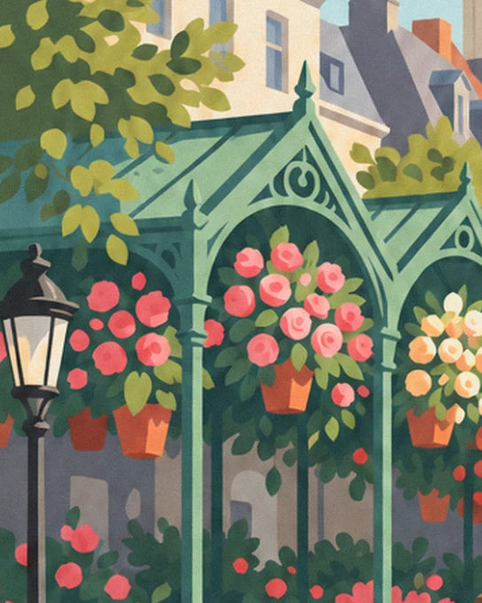 Le lampadaire noir près d'une arche verte et de son bouquet de roses roses