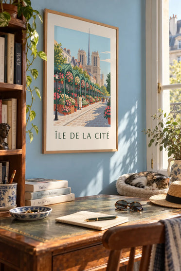 Poster bloemenmarkt op het Île de la Cité en Notre-Dame: ingelijst aan de muur