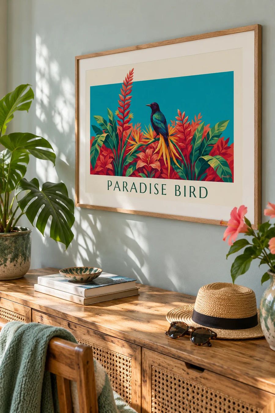 Affiche oiseau de paradis parmi les fleurs tropicales : encadrée au mur