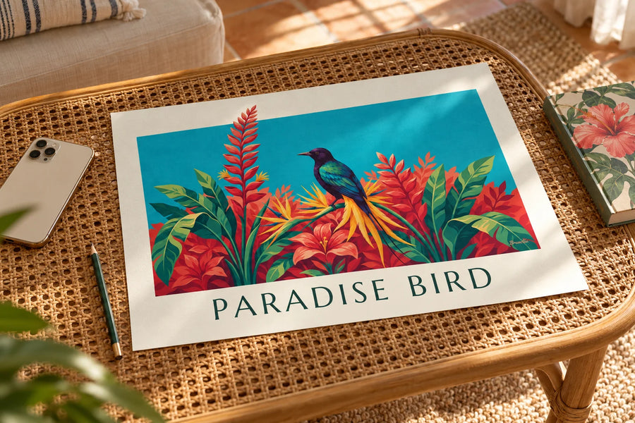 Affiche oiseau de paradis parmi les fleurs tropicales : posée sur une table