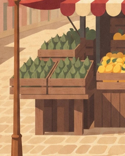 Les cagettes de poires vertes près des citrons jaunes, sous le store rayé