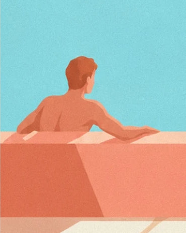 Un personnage roux vu de dos, le bras étendu sur un rebord corail devant un fond turquoise