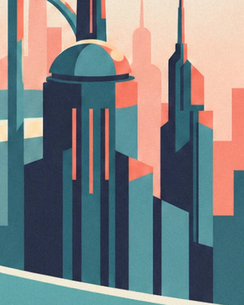 The geometric midnight blue and coral skyscrapers, with their large verdigris dome
