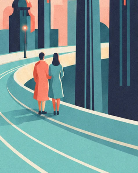 A couple seen from behind, in orange and teal coats, walking along the city's winding road