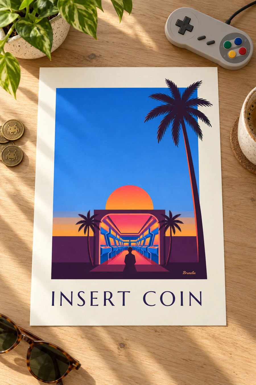 Poster of an arcade hall, neon lights and setting sun: placed on a table