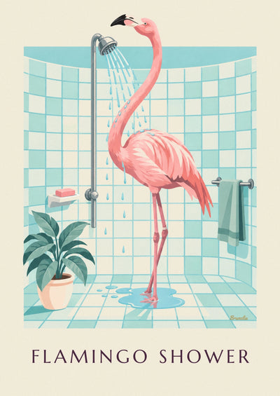 Poster rosa Flamingo unter der Dusche im Badezimmer: das ganze Poster