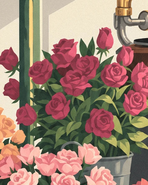Red and pale pink roses in their buckets on the flower market stall