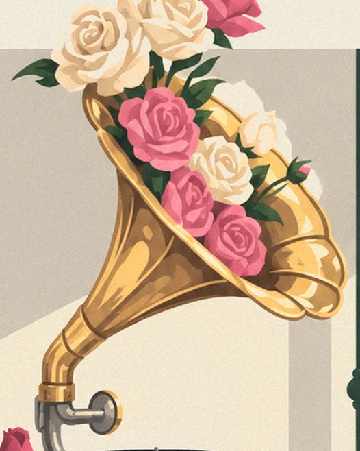 The golden gramophone horn filled with white and pink roses