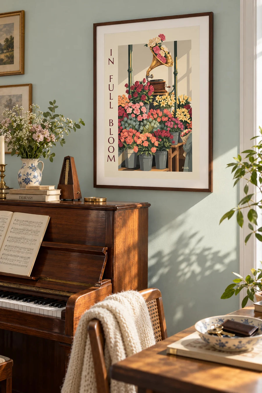 Poster of a flower-covered gramophone on a flower market stall: framed on the wall
