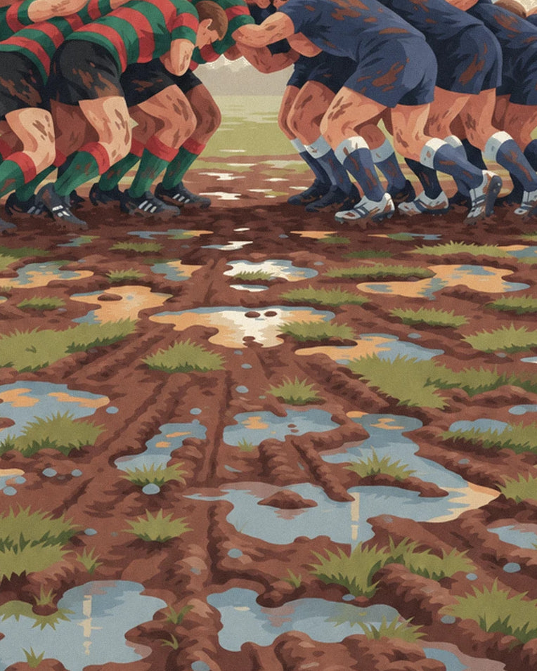 Poster Rugby-Gedränge im Schlamm unter Regenhimmel: Detail in Nahaufnahme